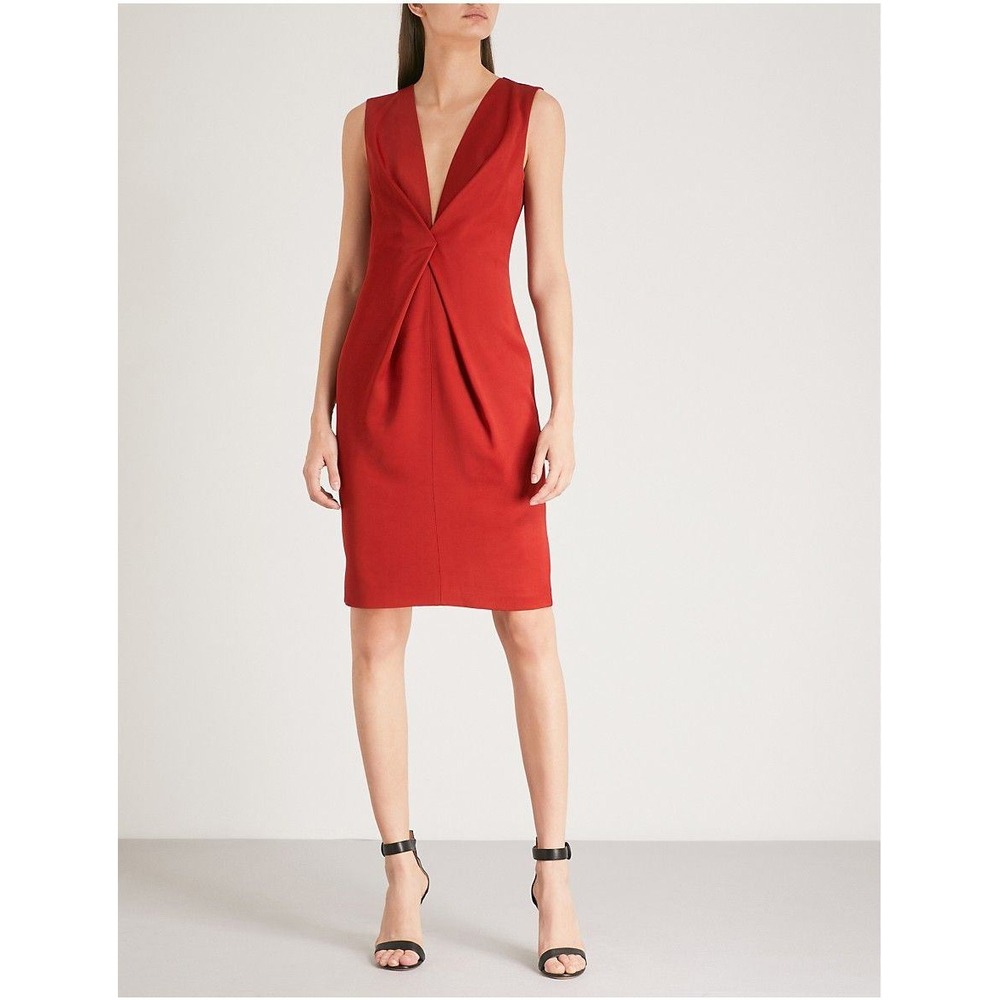 Reiss Mosaic Twist Front Sheath Dress Size 0 Red Womens Sleeveless Deep V Neck